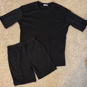 Black Ribbed T-Shirt and Biker Shorts Lounge Set